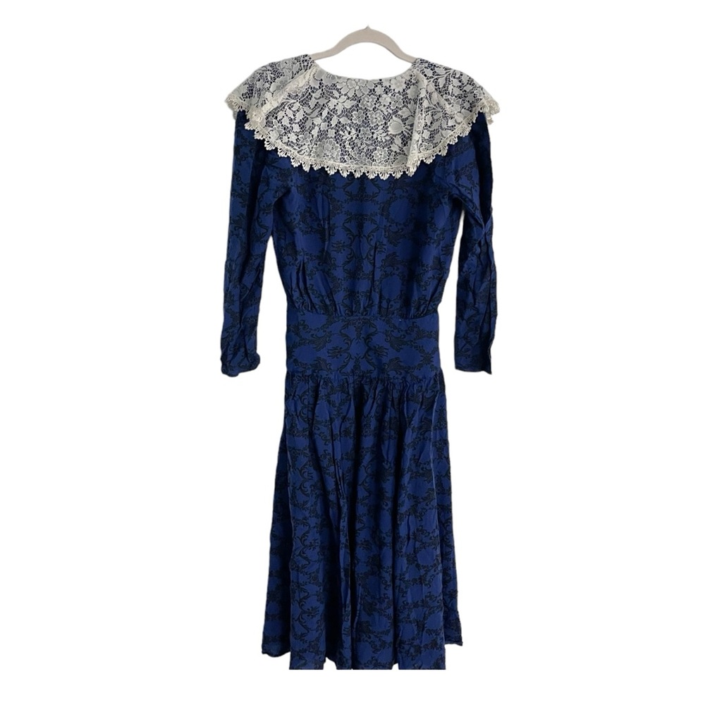 Vintage 1980s Gunne Sax Royal Blue Midi Dress with White Lace Collar - Picture 3 of 10